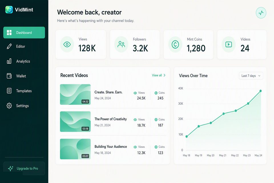 Веб-панель автора VidMint в десктопном браузере — проекты, статистика минта и черновики
