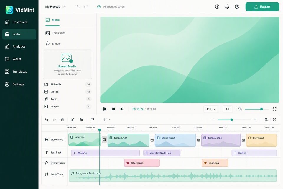 Веб-редактор VidMint на десктопе — монтаж коротких видео на таймлайне в браузере