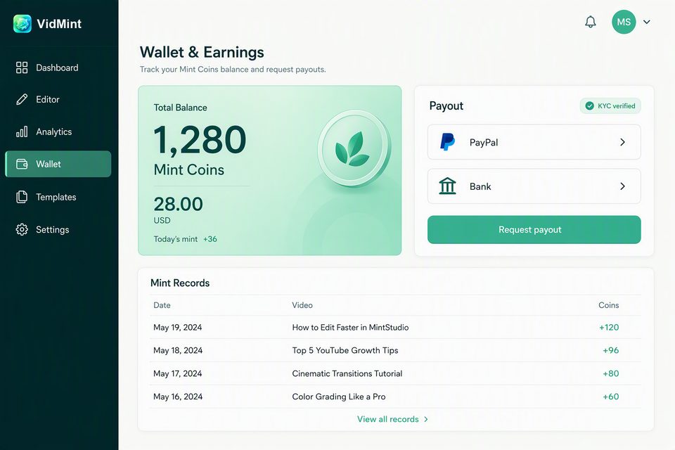 Веб-кошелёк VidMint для вывода Mint Rewards на десктопе