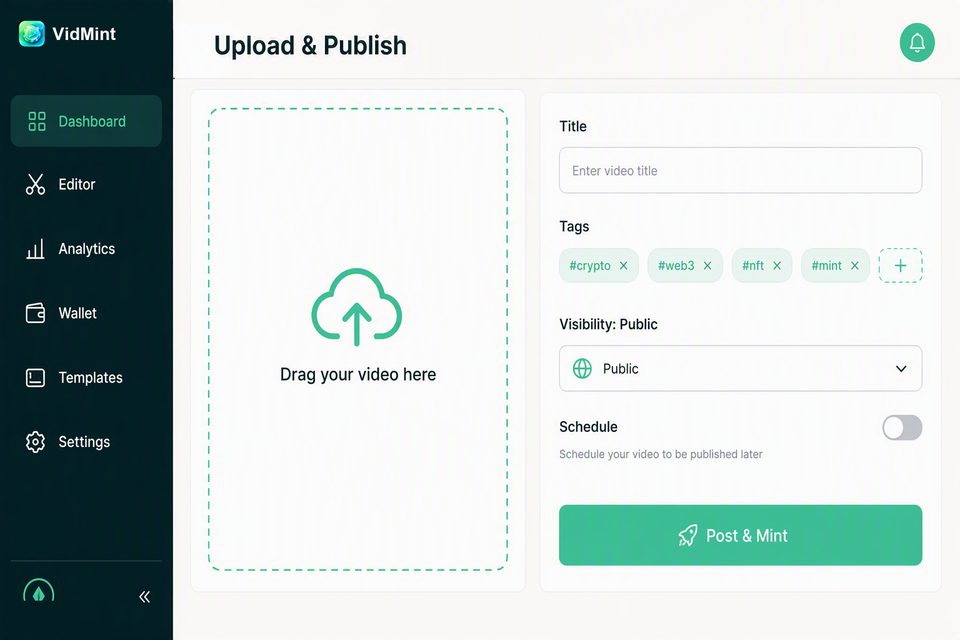 Страница веб-загрузки и публикации VidMint для коротких видео с десктопа