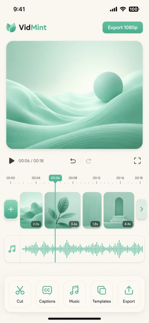 Таймлайн ИИ-редактора VidMint с инструментами монтажа коротких видео в одно касание